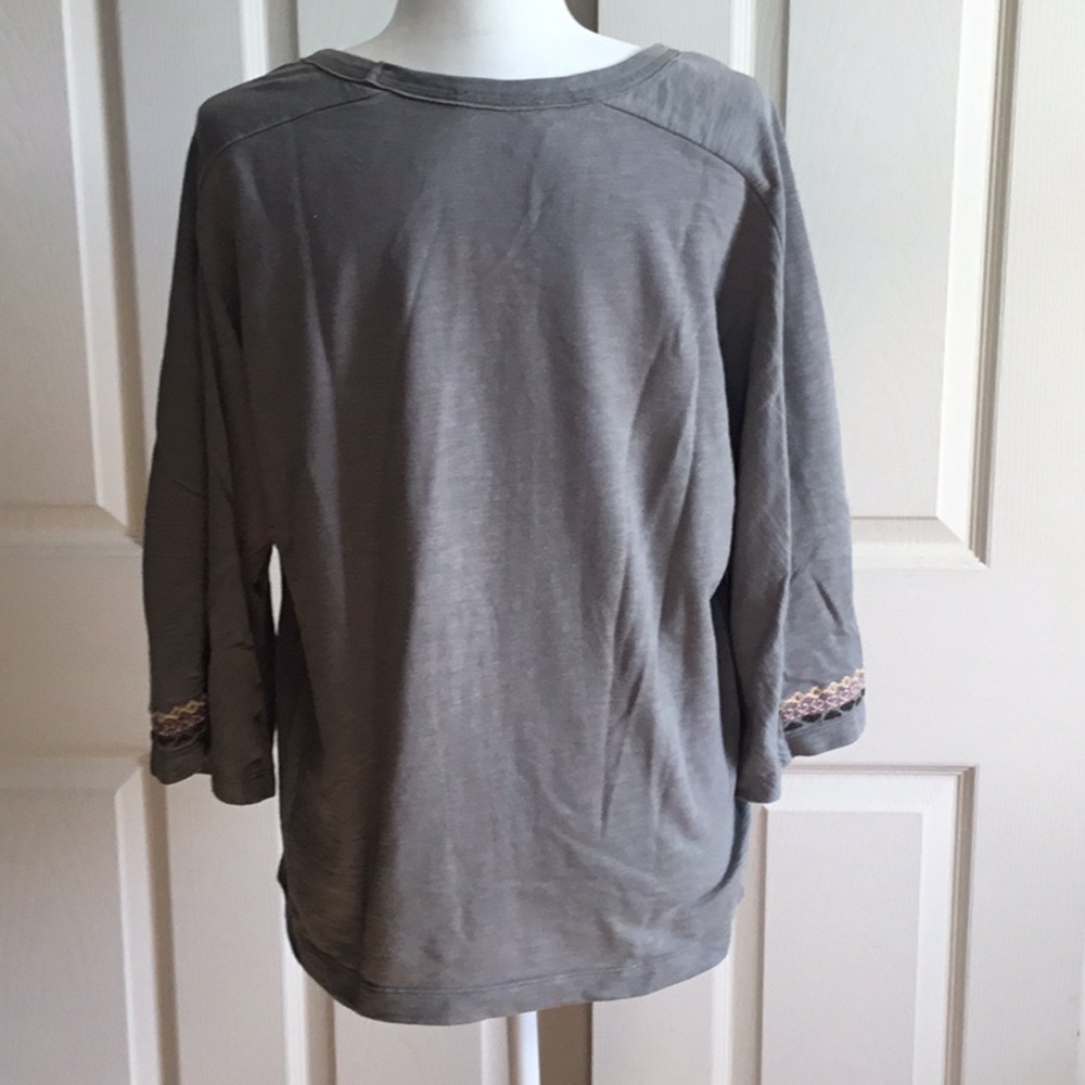 Green Embroidered Geometric Boho Slub Knit L Top 3/4 Sleeve Crew Neck Pullover - Picture 6 of 6
